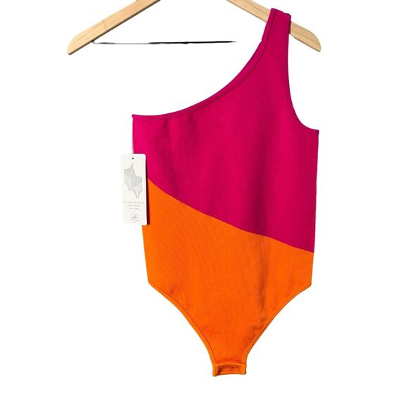 One Shoulder Colorblock Bodysuit Pink Orange Size XL XXL Sexy - Picture 2 of 6